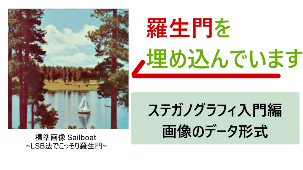 ステガノグラフィの手法であるLSB法の例、LSB法を用いて、画像に羅生門を埋め込んだもの。