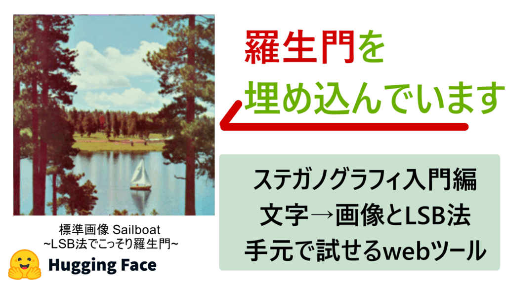 LSB法で画像に羅生門の文章を埋め込んだ例。今回の記事ではLSB法と文字を画像にするツールを作ったのでそのツールについて紹介している。LSB法とは?
