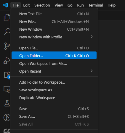 VScodeでフォルダを開く方法について、操作した例を画像で表示している。