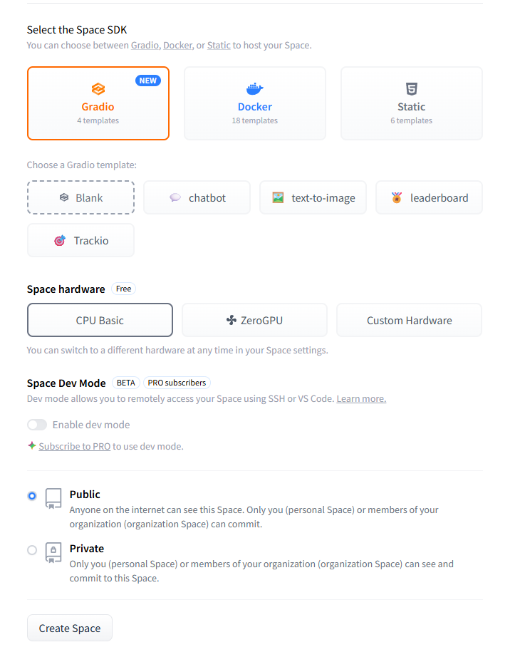 Hugging Face Spaceの環境設定について設定例を示した画像。