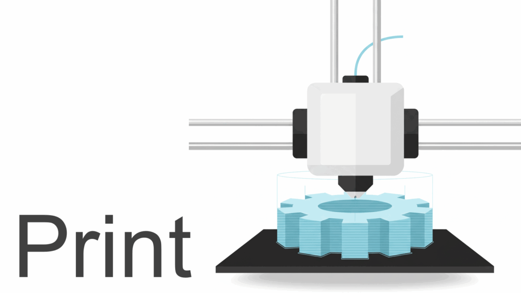3Dプリンターのプリントヘッドが、一層ずつフィラメントを積み重ねて青い歯車を造形している様子を描いたイラスト。