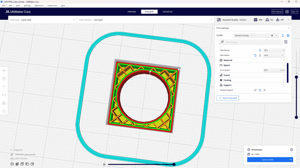 3Dプリンターのスライスプレビューに表示されたインフィルの一種、「Grid（グリッド）」。モデルの内部が、オレンジ色の直線が縦横に直角で交差する、格子模様で充填されている。