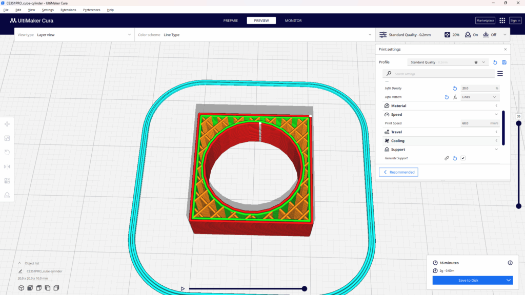 3Dプリンターのスライスプレビューに表示されたインフィルの一種、「Lines（ライン）」。モデルの内部が、クロスした直線で充填されている。