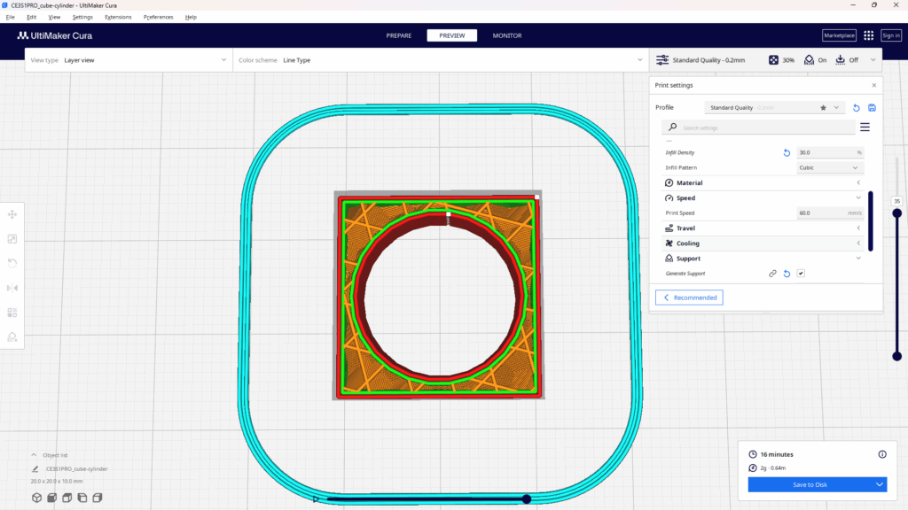 3Dプリンターのスライスプレビューに表示されたインフィルの一種、「Cubic（キュービック）」。モデルの内部が、オレンジ色の直線が斜めに交差する、ひし形の格子模様で充填されている。
