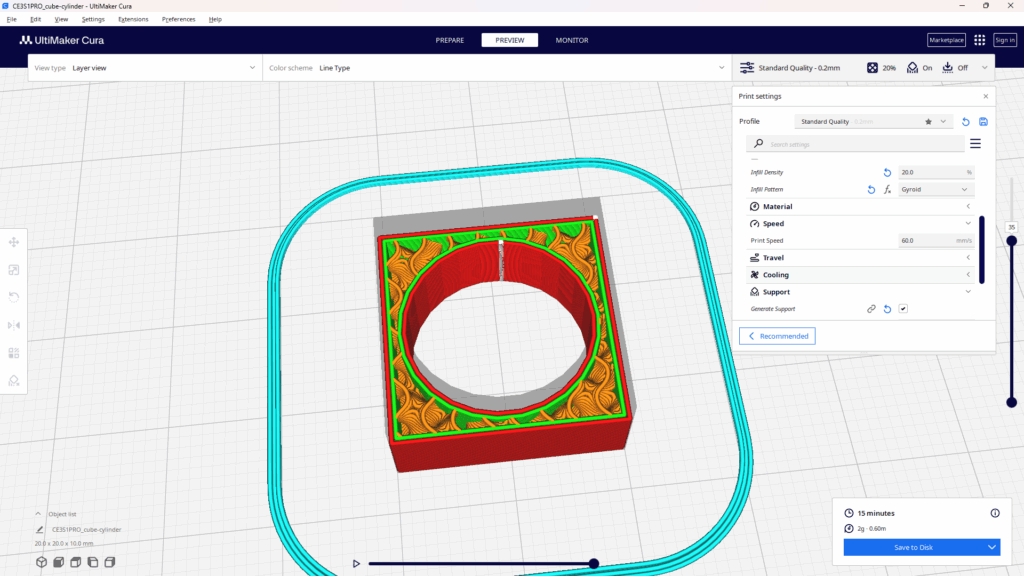 3Dプリンターのスライスプレビューに表示されたインフィルの一種、「Gyroid（ジャイロイド）」。モデルの内部が、オレンジ色の滑らかな曲線が波のように連続する、独特の模様で充填されている。