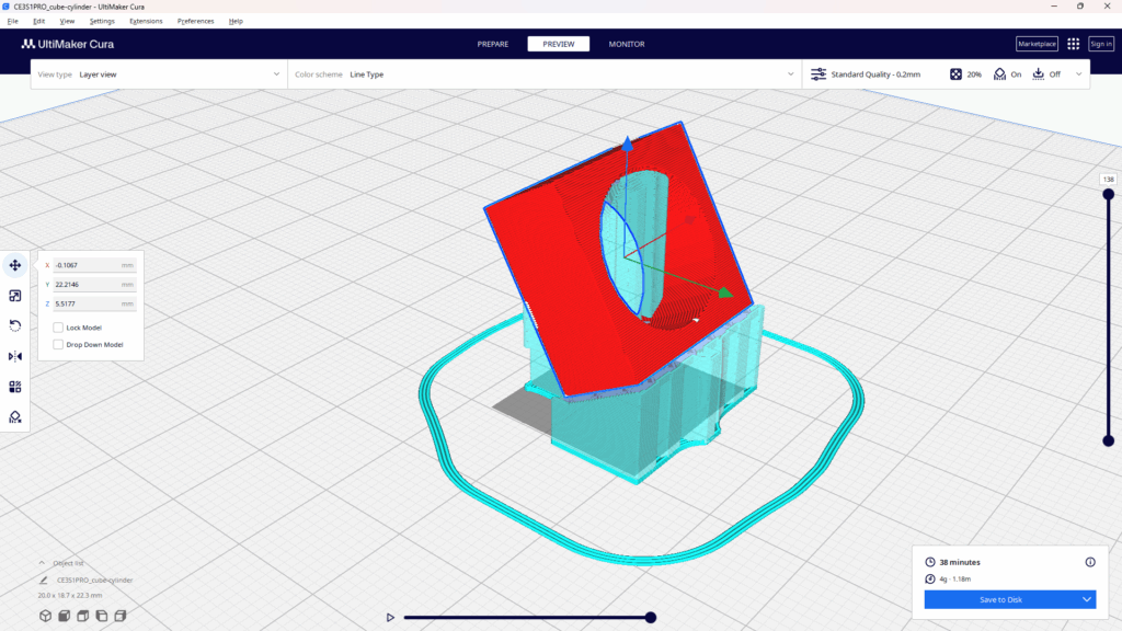 スライスソフトCuraで、サポート材が自動生成されたプレビュー画面。立方体のモデルが大きく傾けて配置され、そのままでは空中に印刷されてしまう下側の面や穴の部分を、水色のブロック状のサポート材が下から支えている様子がわかる。