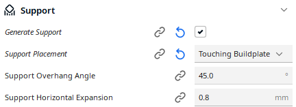 サポート材の詳細設定、サポートを配置する角度と突き出した長さを指定できる。