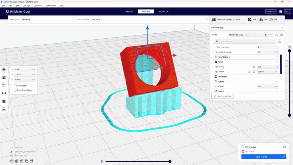 スライスソフトCuraで「サポートブロッカー」機能を使用し、サポート材を生成させないための領域として、半透明なグレーの直方体（サポートブロッカー）を配置した結果、サポート材が指定部分につかないようになっているスライスプレビュー。