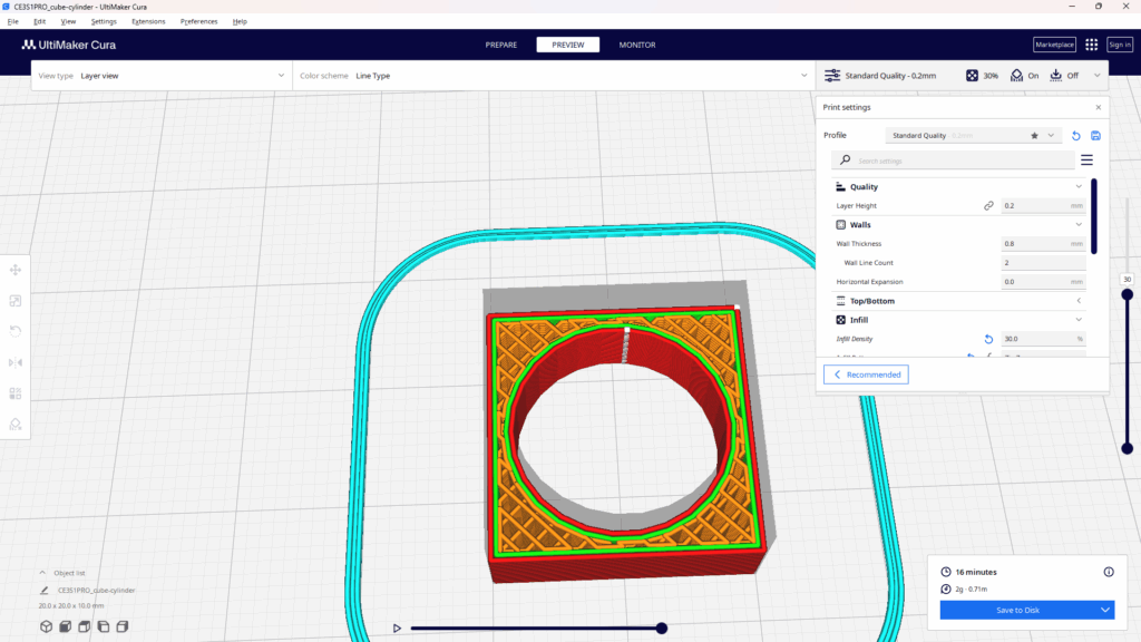 スライスソフト「UltiMaker Cura」のスライス後のプレビュー画面。「壁のライン数」を「2」に設定した結果、モデルの赤い外壁と緑の内壁が、それぞれ2重の線で構成されているのがわかる。壁の内側にはオレンジ色の格子状のインフィル（充填材）が表示されている。