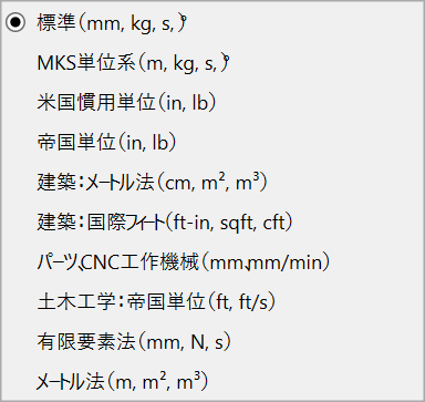 FreeCADで使用可能な単位系についてその一覧を示している。使用可能な単位は標準(mm,kg,s)やMKS単位系(m,kg,s)、米国寛容単位帝国単位建築メートル法など様々な単位系を利用することができる。