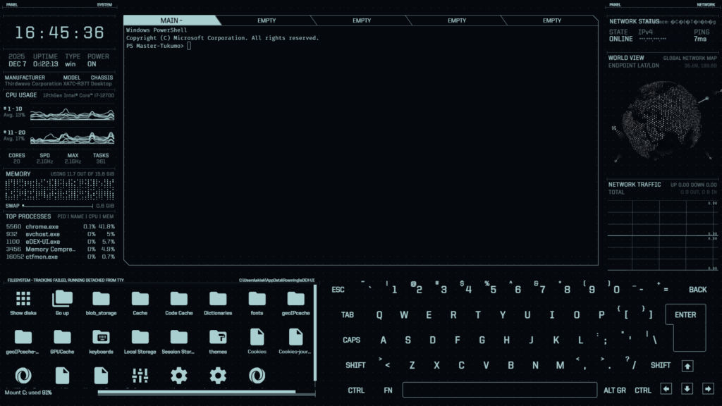 eDEX-UIの画面、サイバーなUIでCUIとメモリやネットワークなどの状態が一目でわかる。