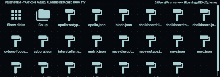 eDEX-UIのテーマ変更方法。エクスプローラでクリックすると変更できる。サイバーなUIのCUIツール