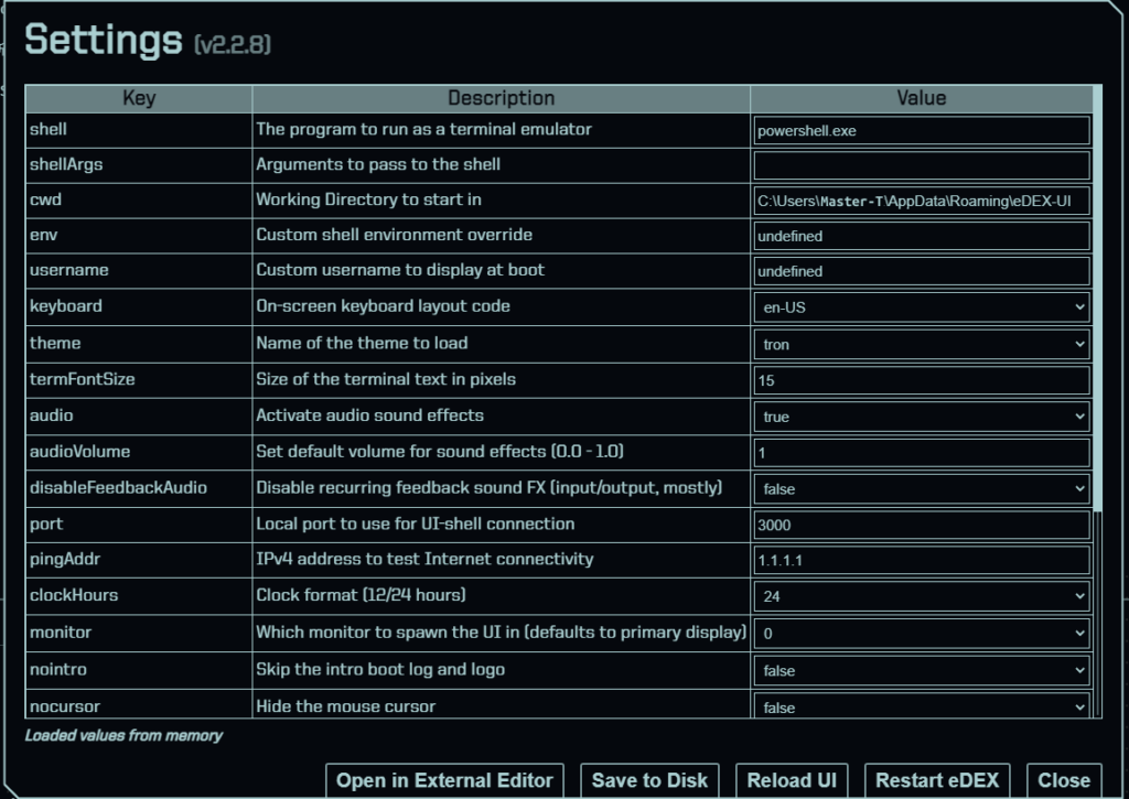 eDEX-UIの設定変更画面。 setting.jsonをクリックすれば、グラフィカルに設定変更できます。