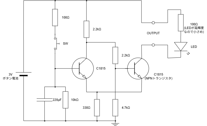 RC遅延のワンホット回路の出力を得てシュミットトリガ動作を行う回路図.実際に動作している回路の回路定数込みの回路図