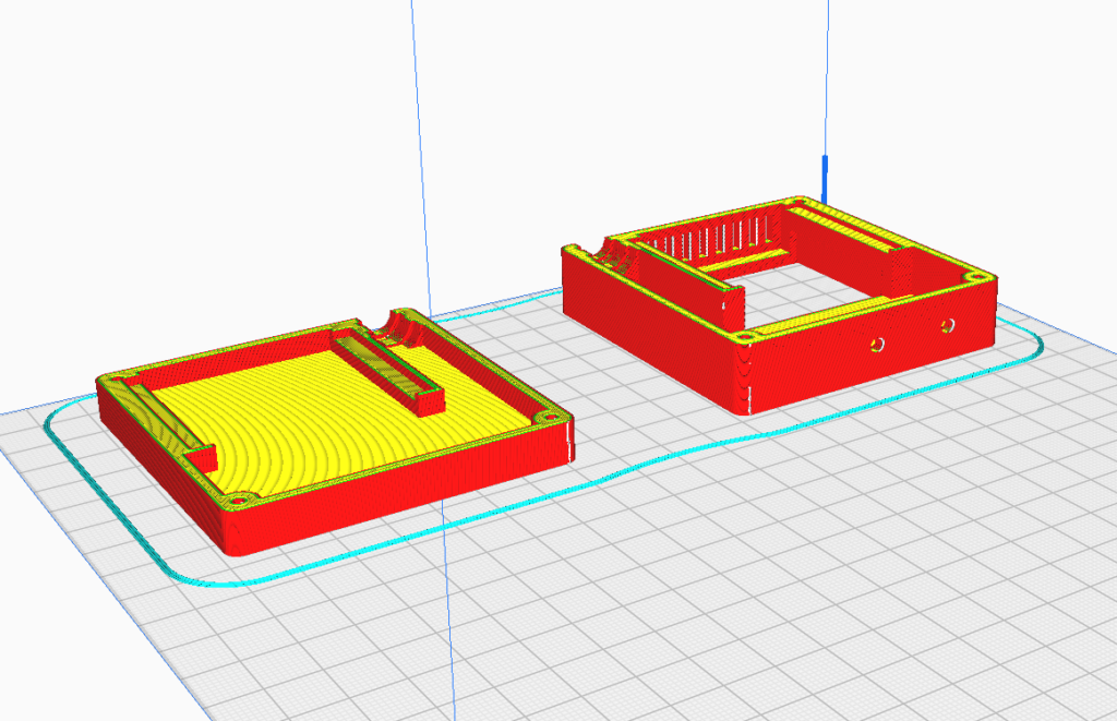 発振回路のためにモデリングした回路ケースを3dプリンタで印刷するためにスライスしている画像。