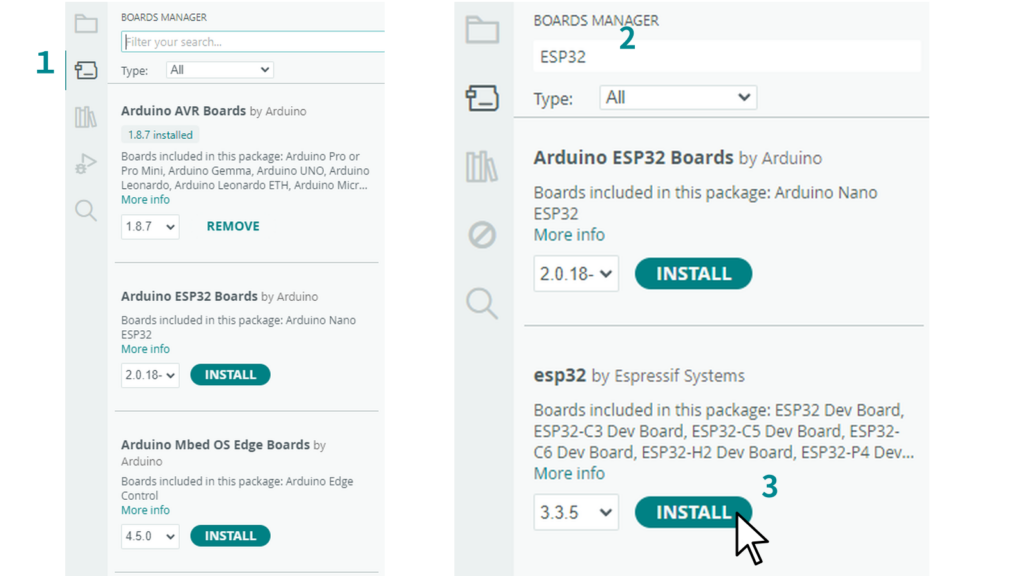 ESP32用ボードパッケージのインストールの方法を、手順を追いながら説明した画像