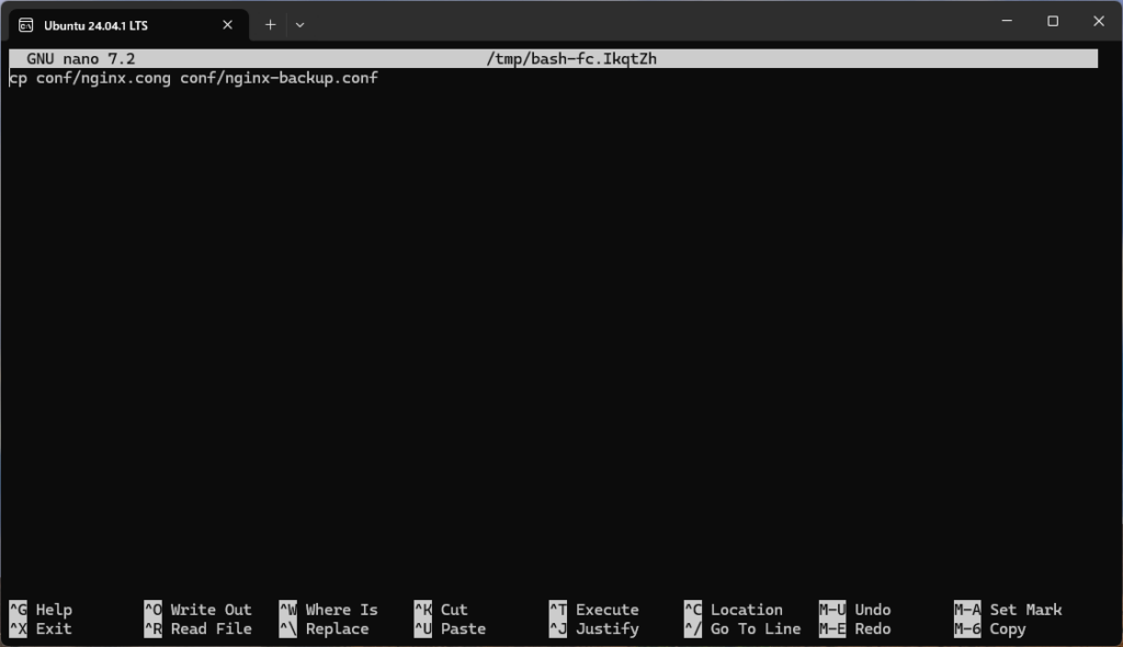 fcコマンドの実行で直前コマンドの nanoエディタが起動した画面