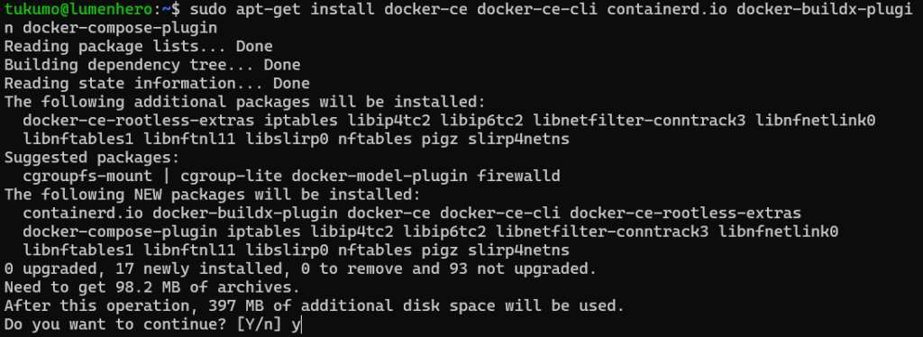 dockerのパッケージをaptでインストールしているターミナル画像
