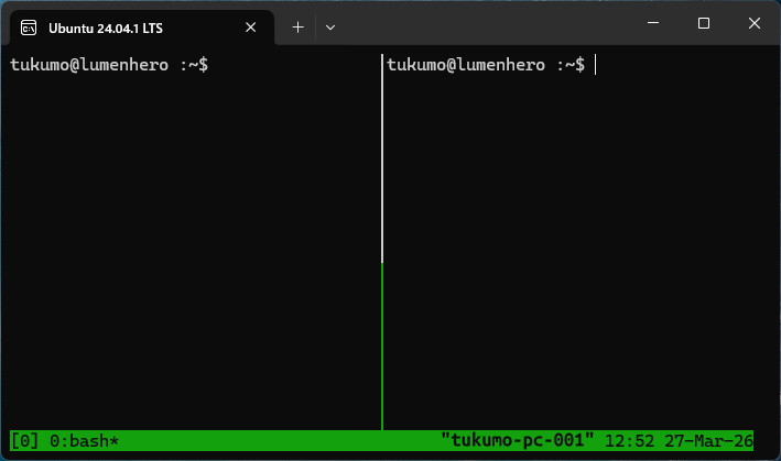 tmuxを起動後、%入力で左右にターミナルを分割した例