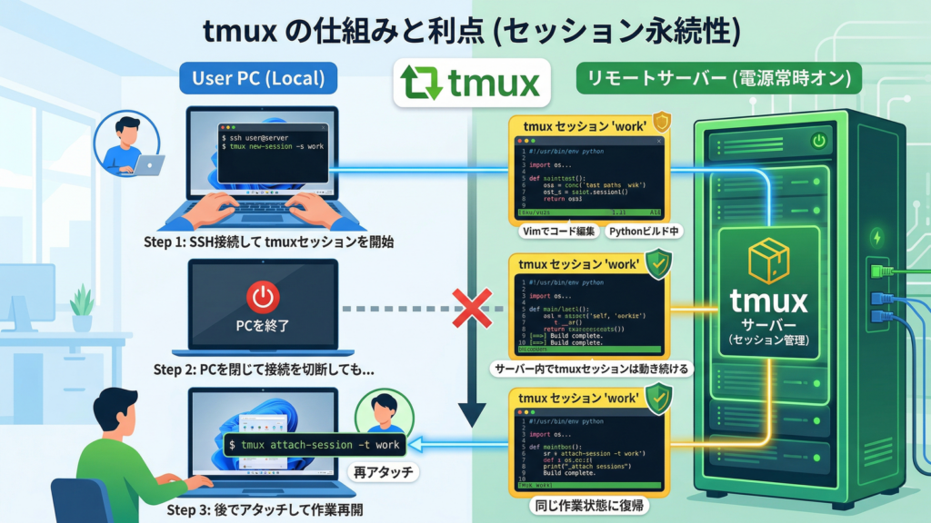 tmuxで起動したターミナルが終了するまでバックグラウンドで動作を続けることができることを表した画像
