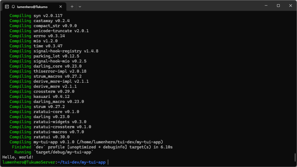 rust のTUI開発環境 ratatuiのデフォルト生成ファイルが動くかテストした画像