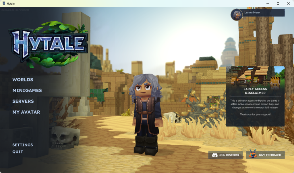 hytaleを起動完了したエントランスページ