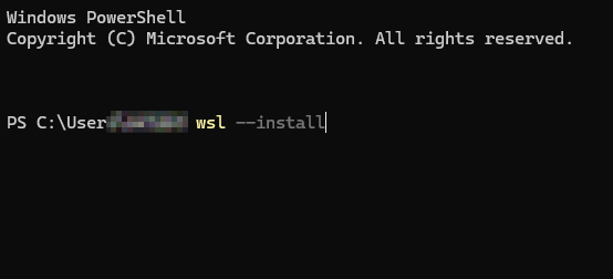 wslのインストールコマンド　wsl --install　をPower Shellに打ち込んだ例