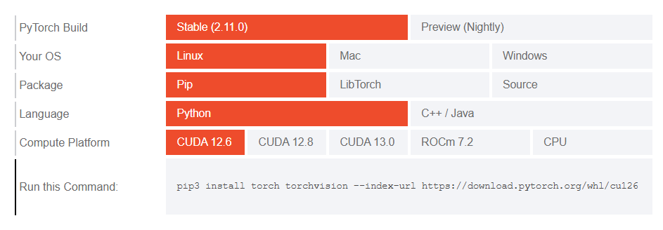 pytorchの公式ダウンロードページ。linux版のcudaをインストールするためのコマンド
