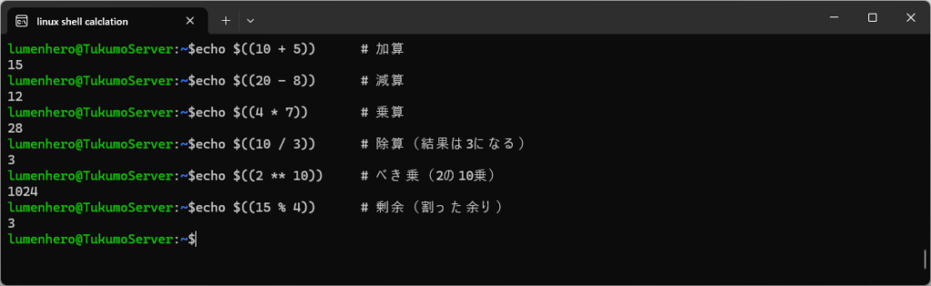シェルの基本機能を用いて計算させてみた例