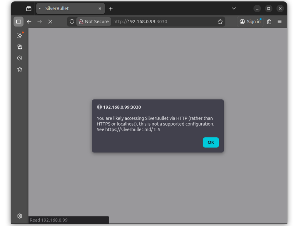 silverbuleltで外部から接続したときのセキュアエラー画面