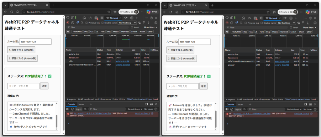 webRTCはそれぞれ接続を確立できさえすればネットワークタブは静かなままになる