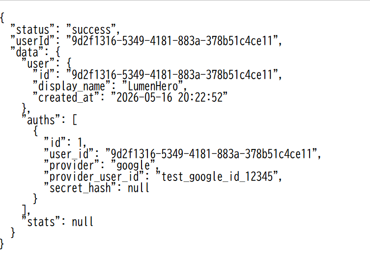 仮登録ユーザのデータベースチェック。JSON形式で帰ってくることを確認
