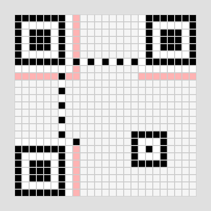 QRコード Version2(25*25サイズ)の固定パタン部分。ファインダパタンやアライメントパタンおよびタイミングパタンを描画