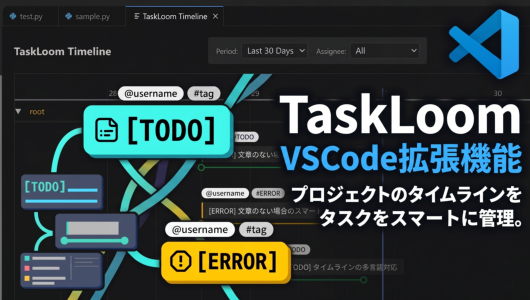 Visual Studio CodeのTaskLoom拡張機能のタイムライン表示画面。黒背景に「TaskLoom Timeline」というタイトルがあり、期間選択（Last 30 Days）、アサインee選択（All）のドロップダウンメニューがある。画面中央には「[TODO]」や「[ERROR]」などのタスクが色とりどりのボックスで表示され、ユーザー名やタグが付いている。右側には「TaskLoom VSCode拡張機能」というテキストと、「プロジェクトのタイムラインをタスクをスマートに管理。」という説明文がある。右上にはVisual Studio Codeのロゴが表示されている。